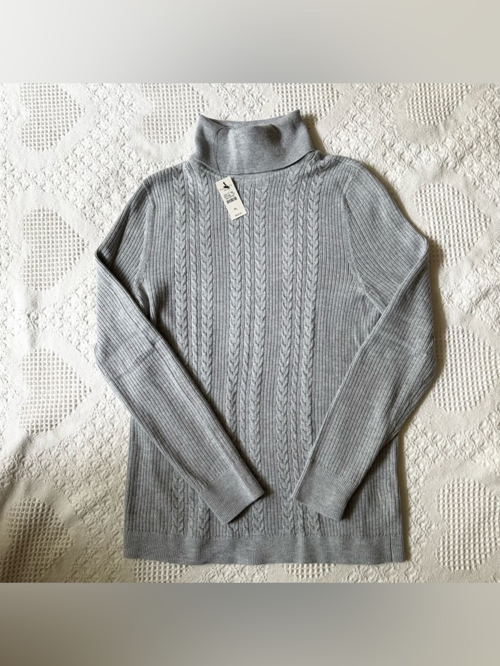 Talbots Turtleneck Sweater Womens Large Petite Gray Cable Knit Cotton Blend NWT